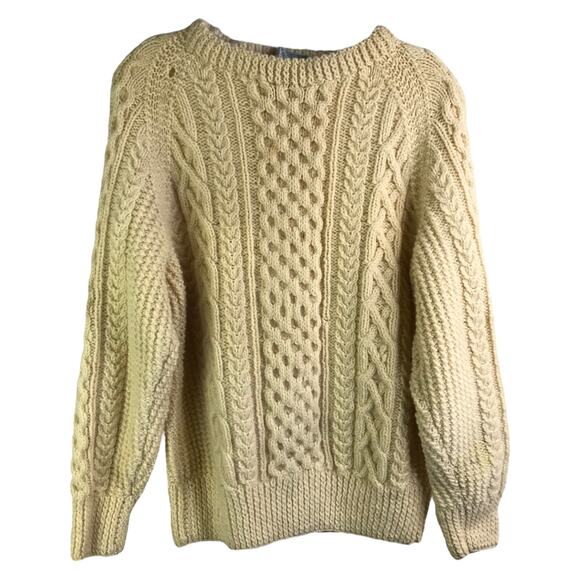 Tara Fashions Sweater Womens M Vintage Cream Wool Cable Knit Fisherman Crew Neck - Picture 1 of 7